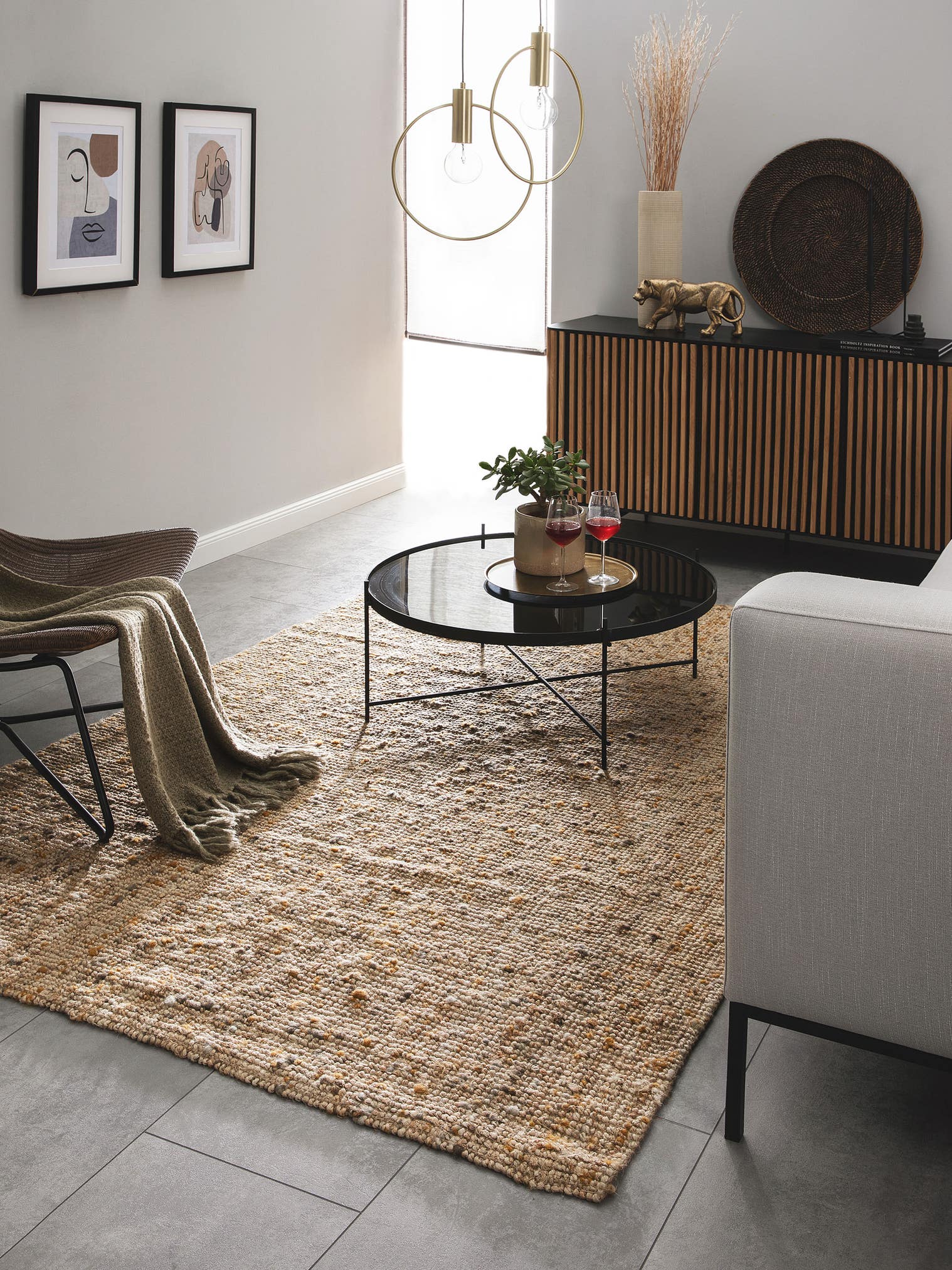 Rug made of 85% Jute, 15% Wool in Yellow with a 1- 5 mm high pile by benuta Pure