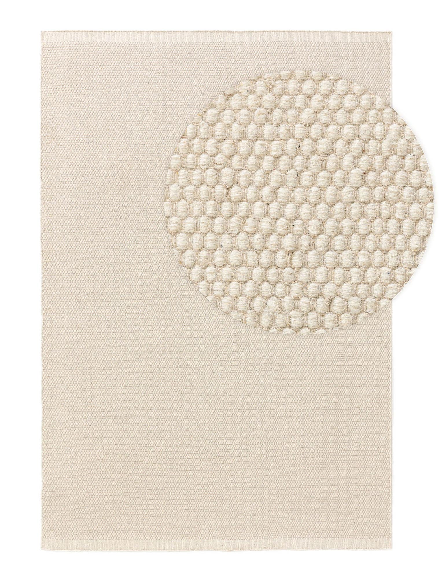 Teppich aus 80% Wolle, 20% Baumwolle in Weiß mit bis 5 mm hohem Flor von benuta Pure