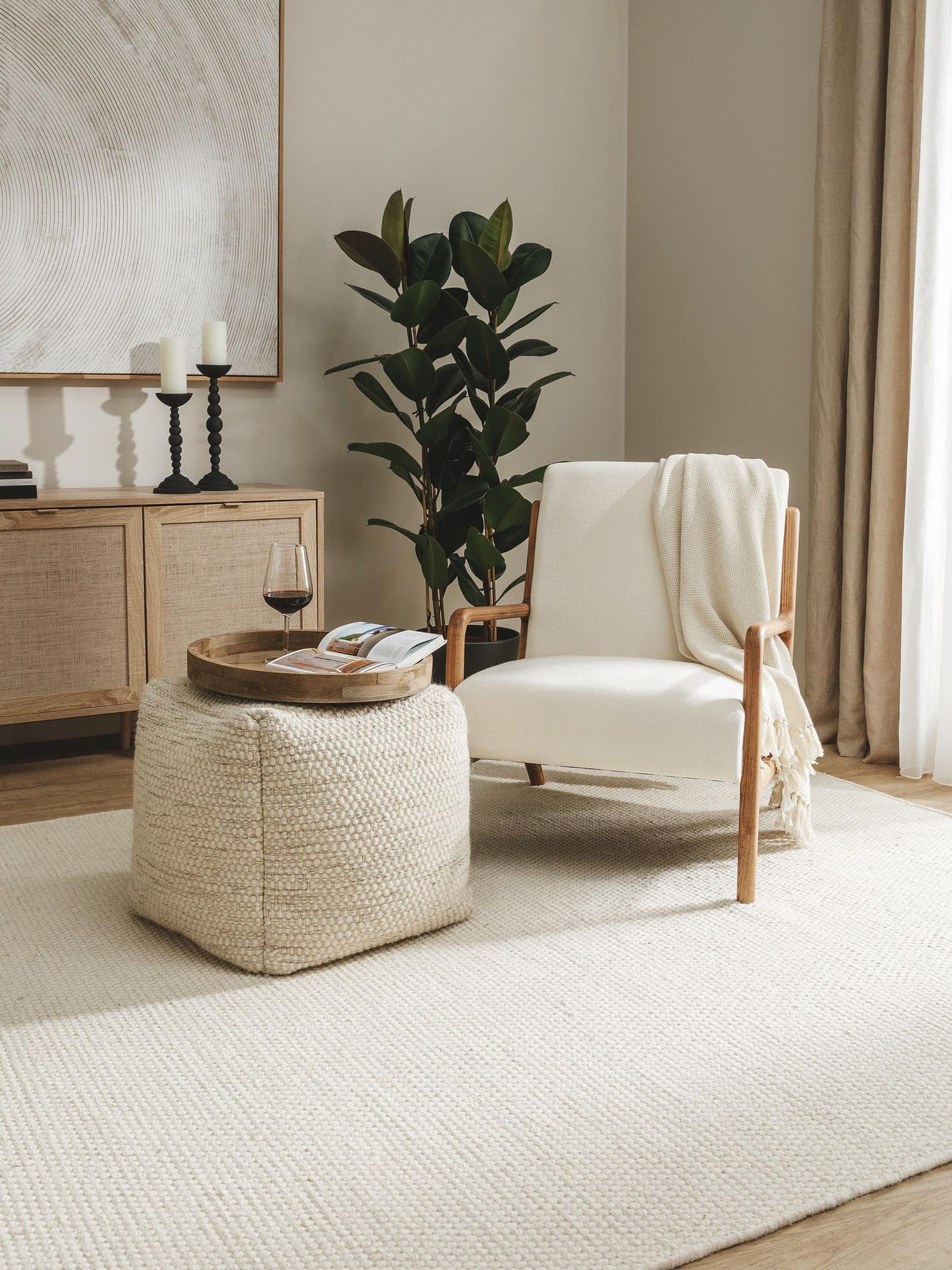 Handmade Wool Pouf Rocco Cream in Uni design made of 80% wool, 20% cotton by benuta Pure