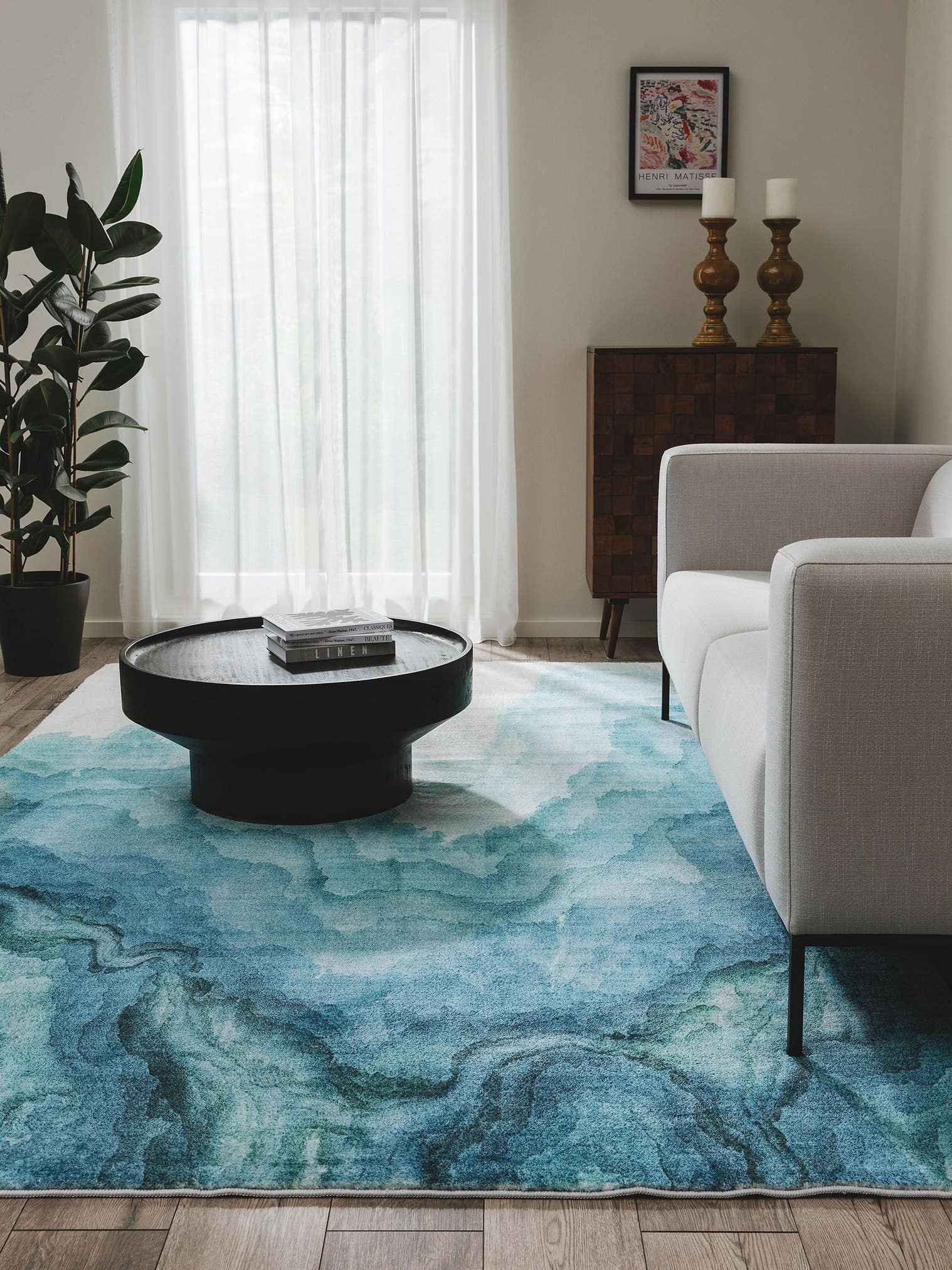 Tapis en 100% Polyester en Bleu avec une pile de 6 - 10 mm de hauteur de benuta Pop