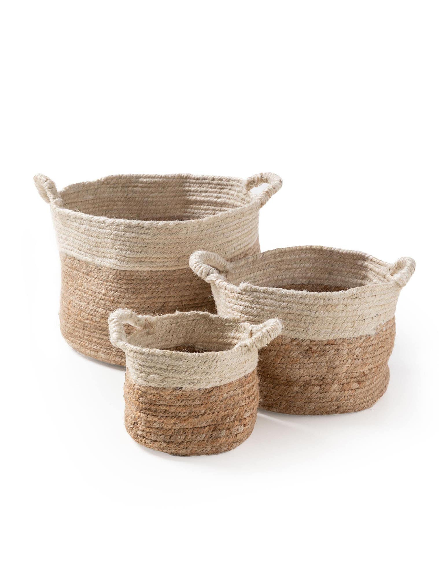 Basket set (3 pcs.) Aylin Cream/Beige in Uni design made of 100% Hemp by benuta Pure