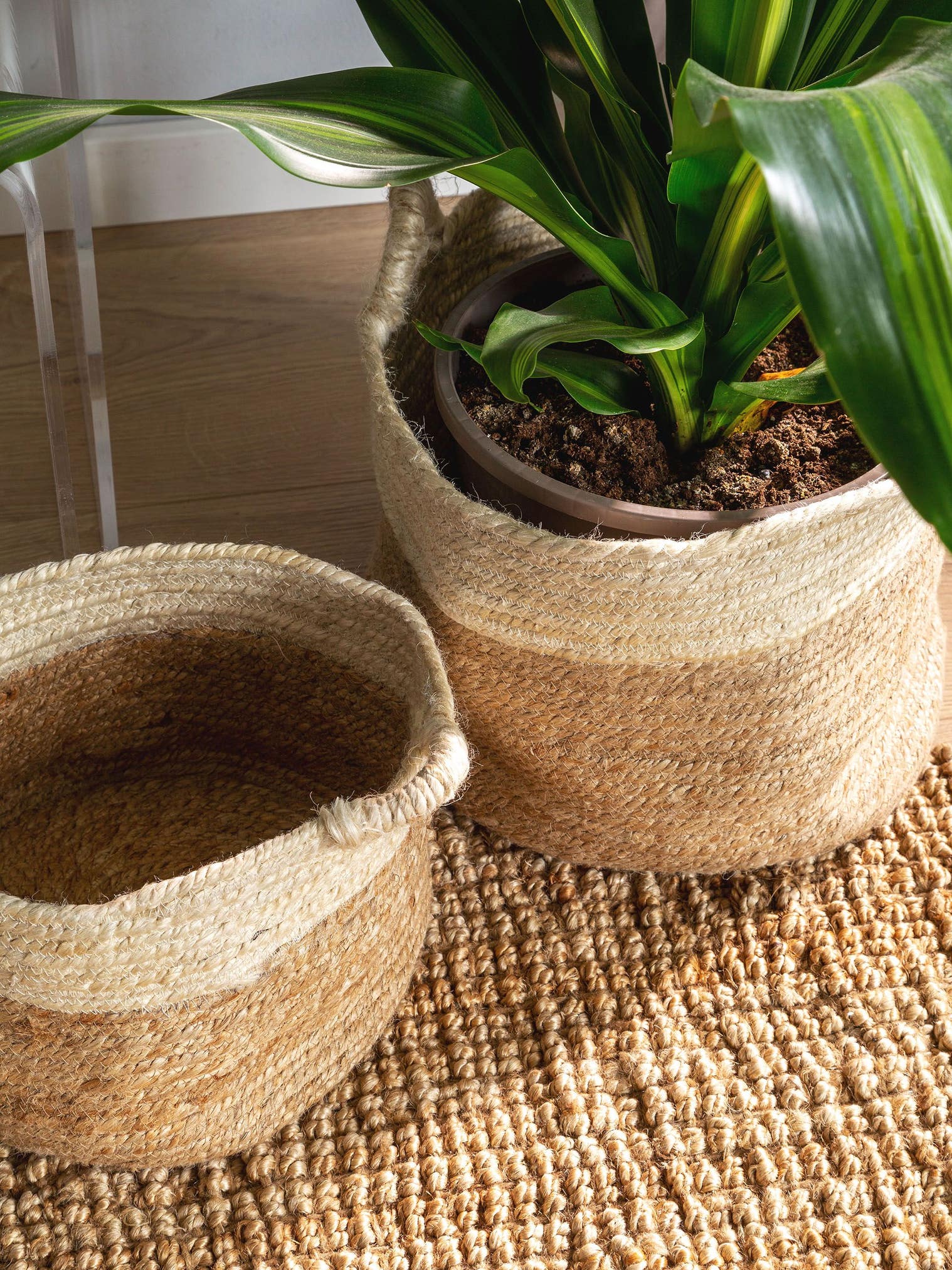 Basket set (3 pcs.) Aylin Cream/Beige in Uni design made of 100% Hemp by benuta Pure