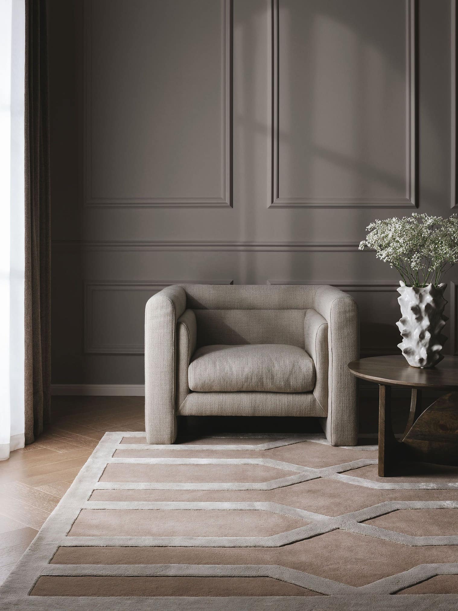 Rug made of 60% Wool, 40% Lyocell (TENCEL™) in Beige with a 6 - 10 mm high pile by benuta Finest