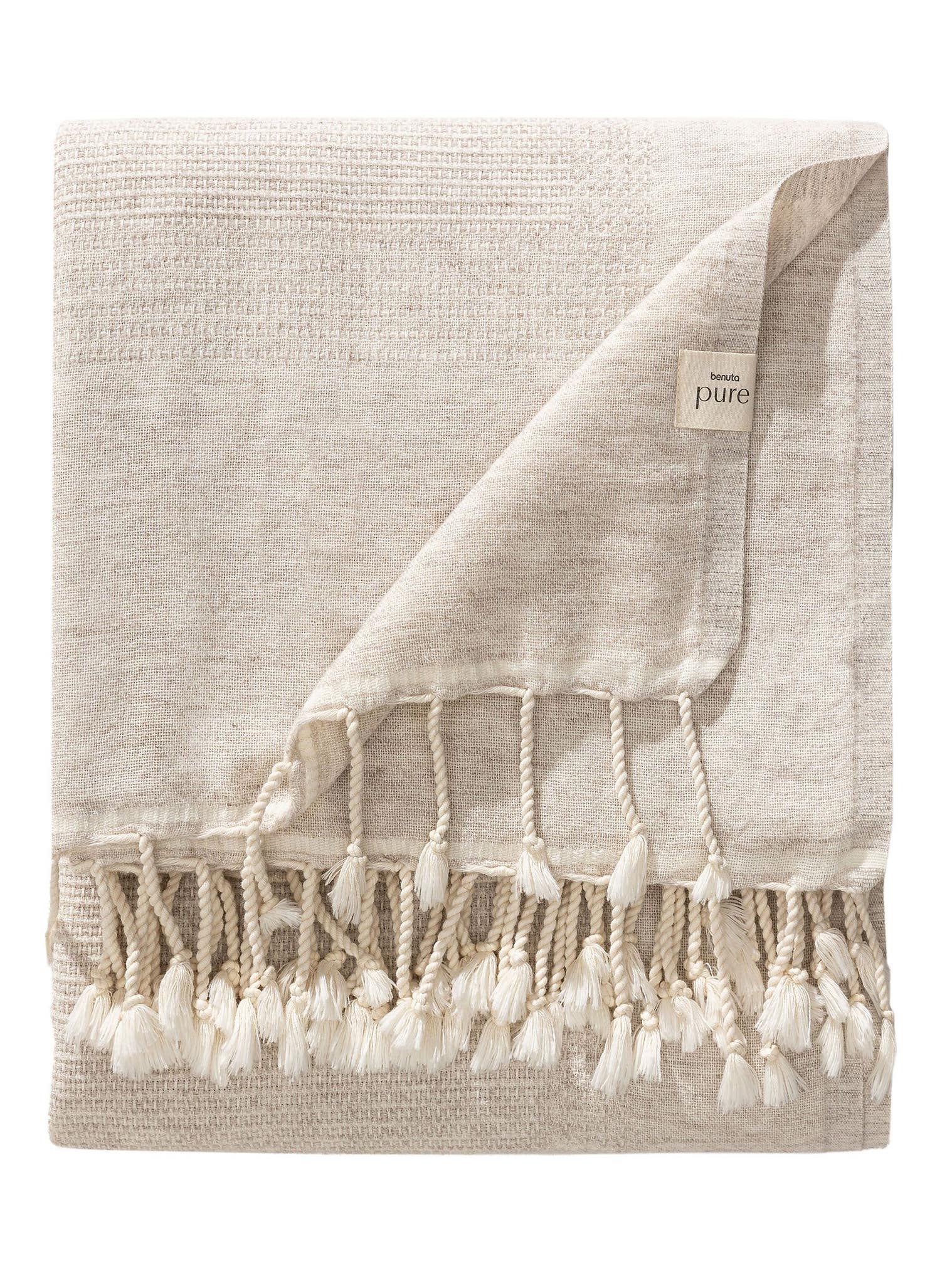 Decke Olivia Beige im Design Uni aus 30% Wolle, 40% Baumwolle, 15% Viskose, 15% Polyamid von benuta Pure