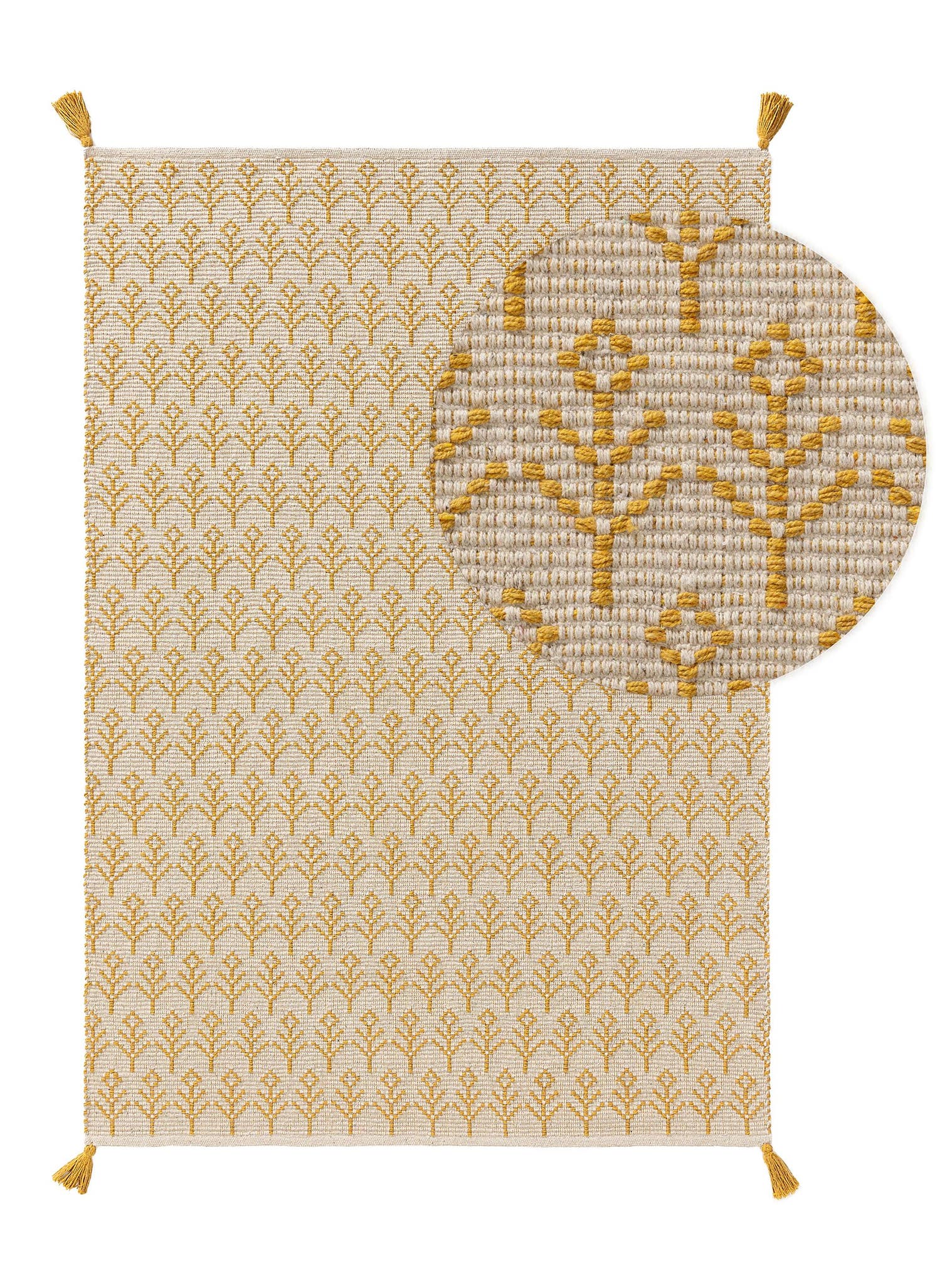 Teppich aus 60% Baumwolle (recycelt), 40 % Polyester in Gelb mit 6 bis 10 mm hohem Flor von Lytte