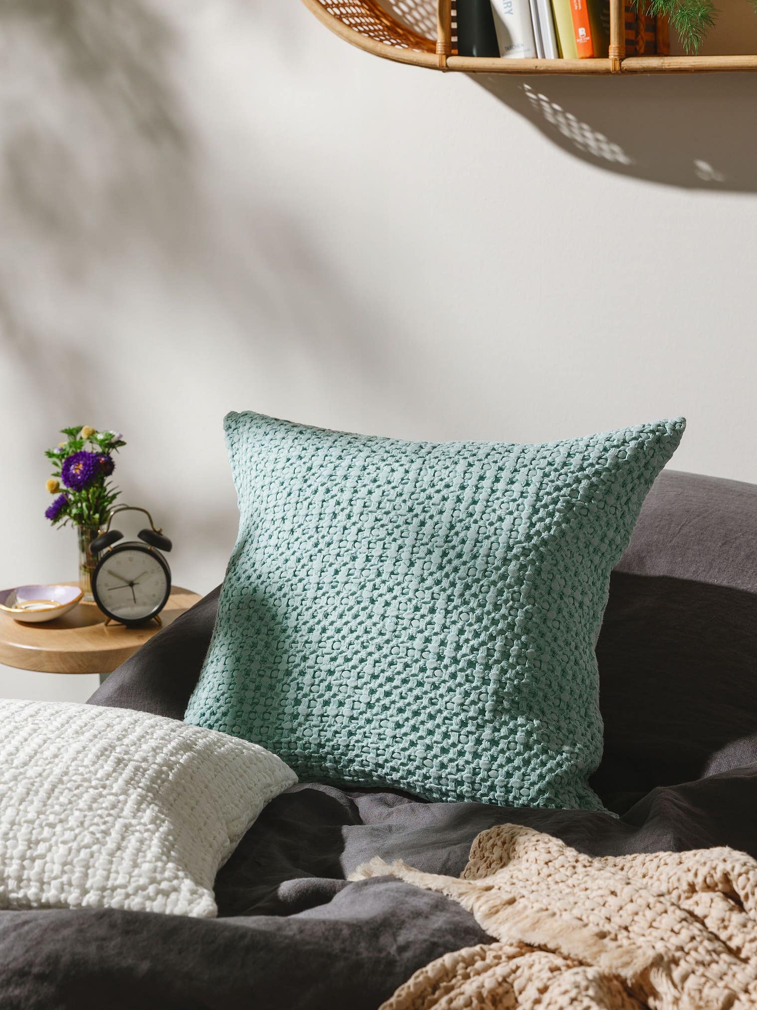 Cushion Cover Cloe Turquoise in Relief design made of 100% Cotton by benuta Pop