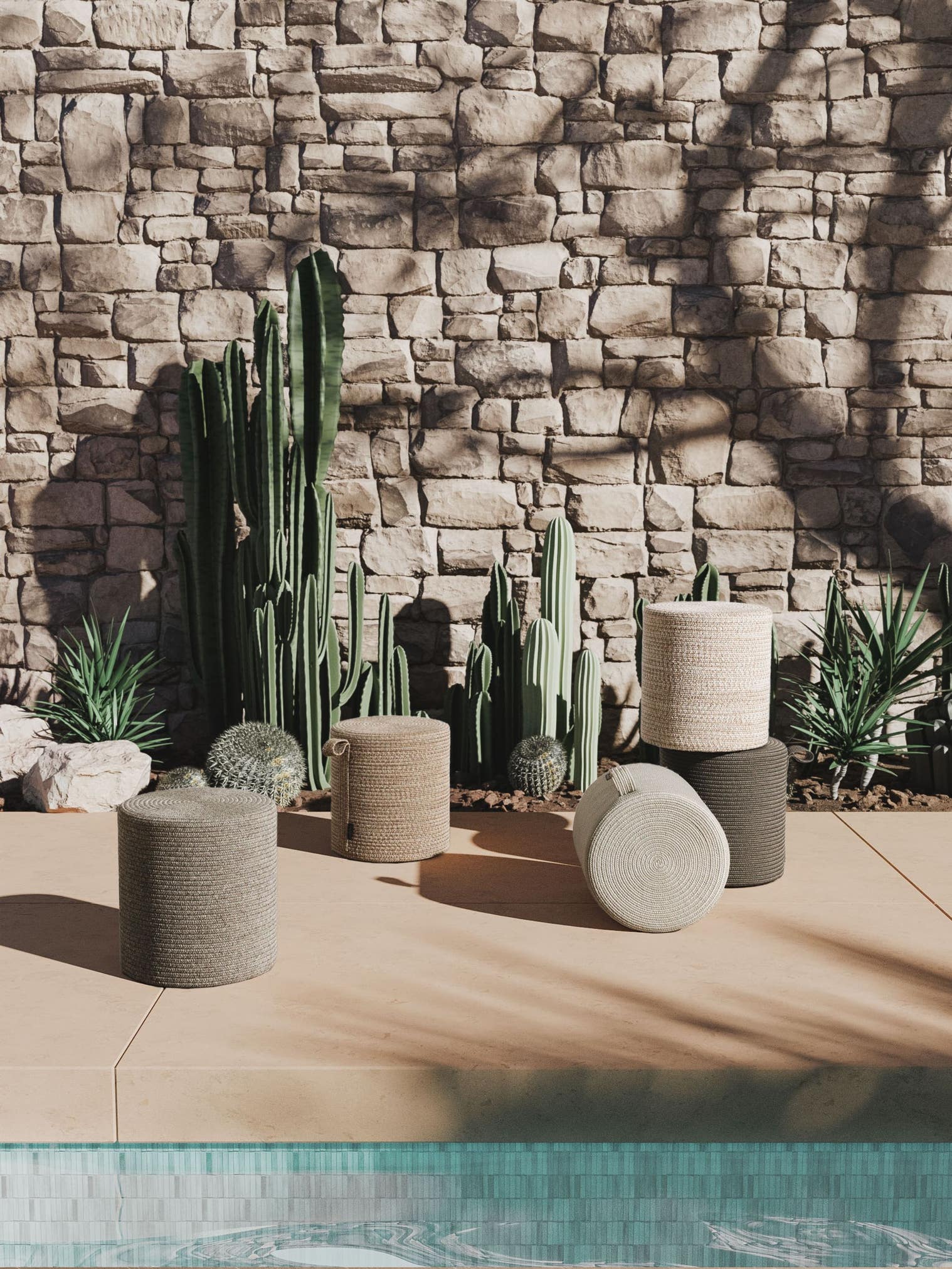 In- & Outdoor Pouf Noe Dunkelgrau im Design Uni aus 100% Polypropylen von benuta Finest