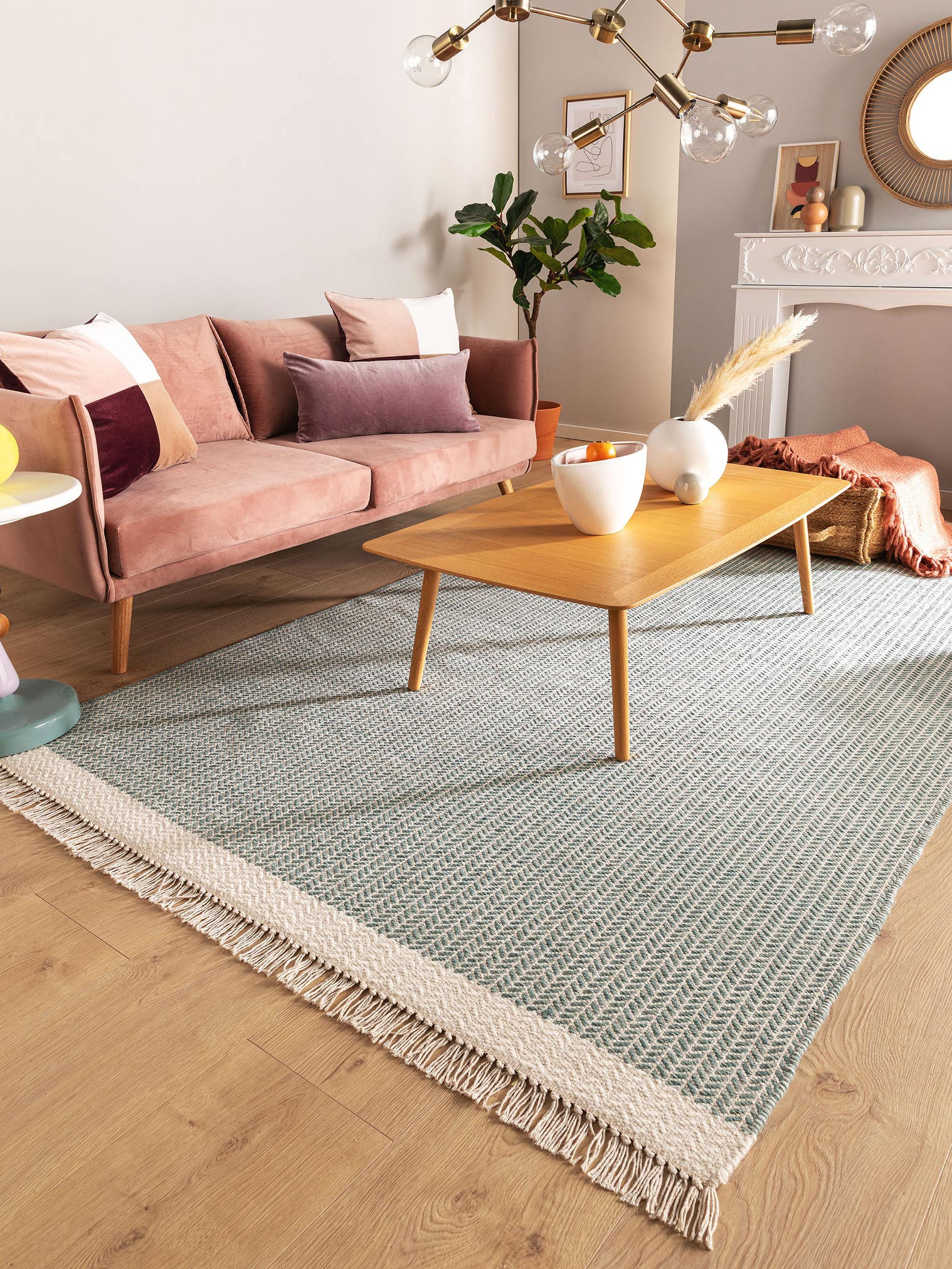 Rug made of 60% Wool, 40% Cotton in Green with a 1- 5 mm high pile by benuta Pure